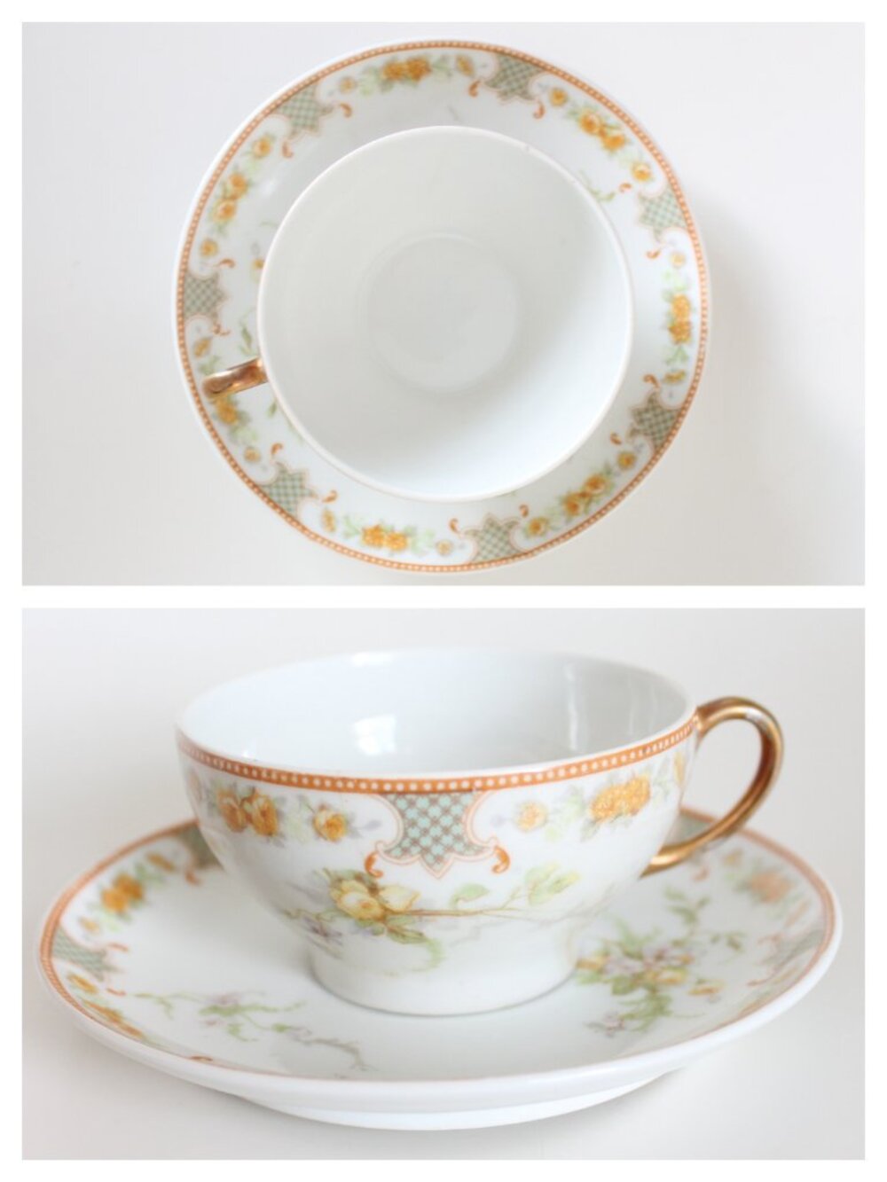 [ELITE WORKS] Yellow Floral Teacup and Saucer (Limoges, c. 1900-1914)